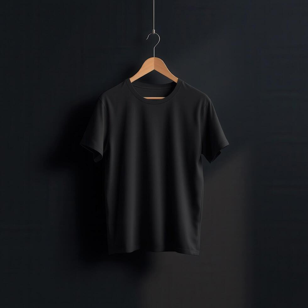 Black T-Shirt Hanging on Wooden Hanger Against a Dark Background photo