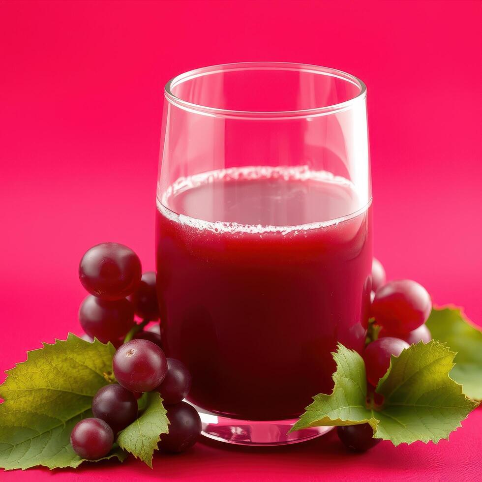 Refreshing Grape Juice in Glass with Grapes and Leaves photo