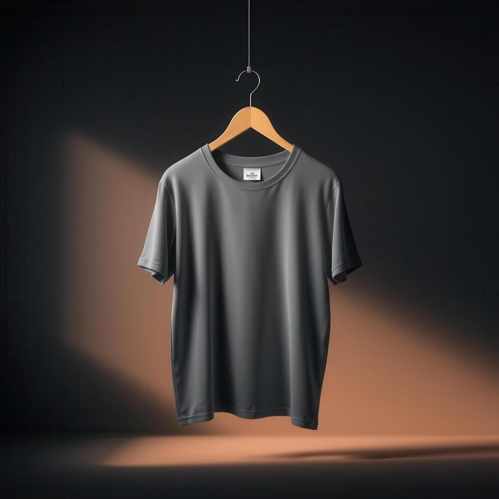 Gray T-Shirt Hanging on Wooden Hanger with Brand Label photo
