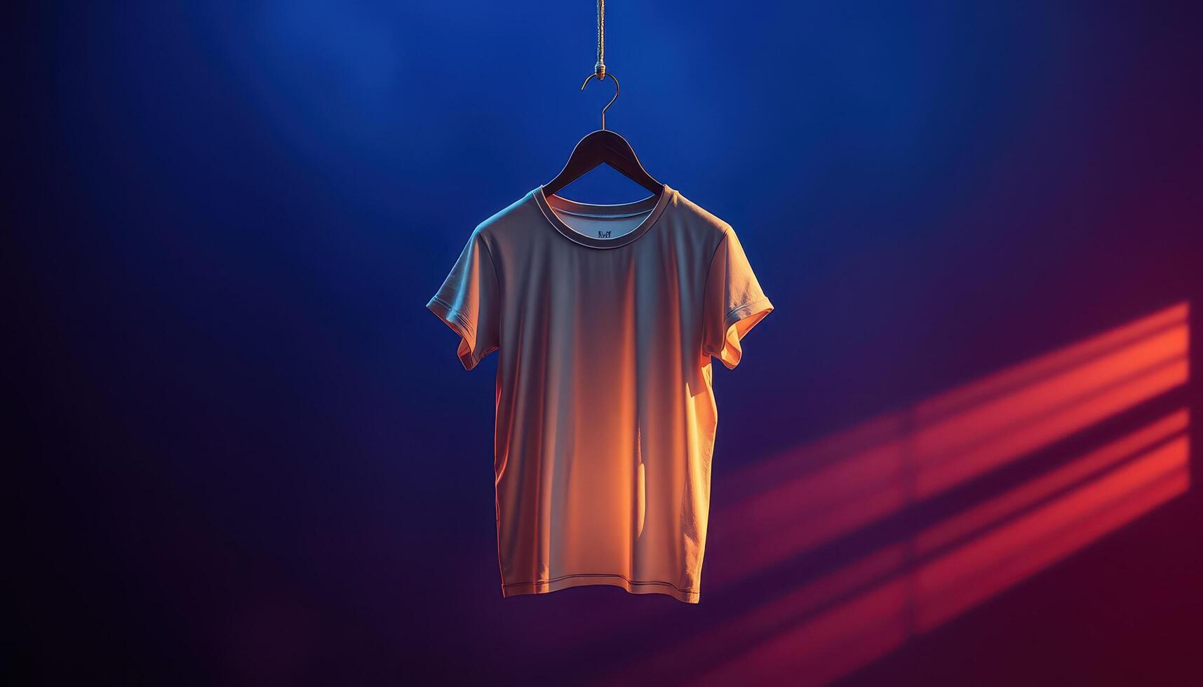 A White T-Shirt Hanging on a Hanger Against a Blue and Red Background photo