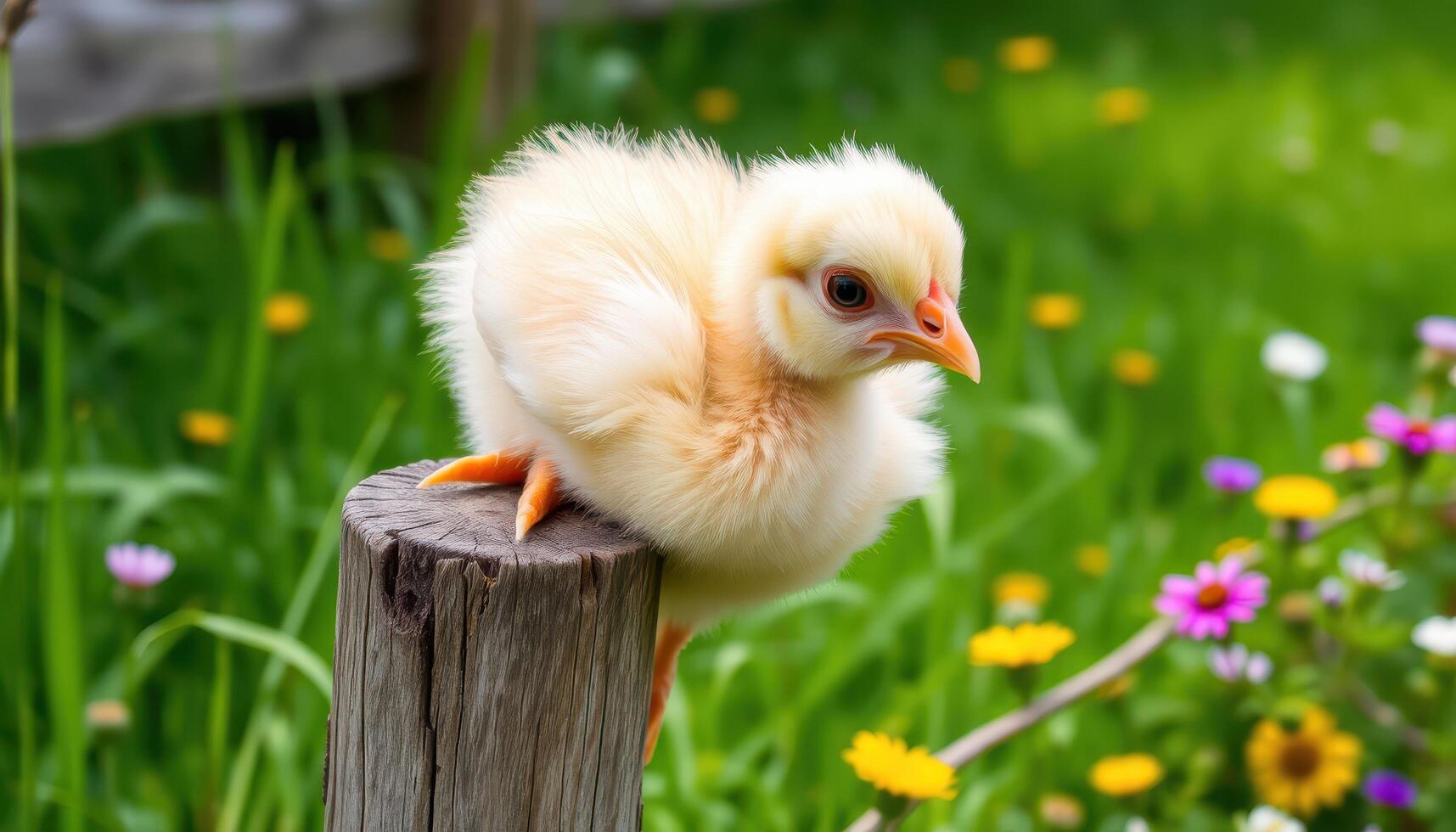 Fluffy Yellow Chick Perched on Wooden Post in Garden photo