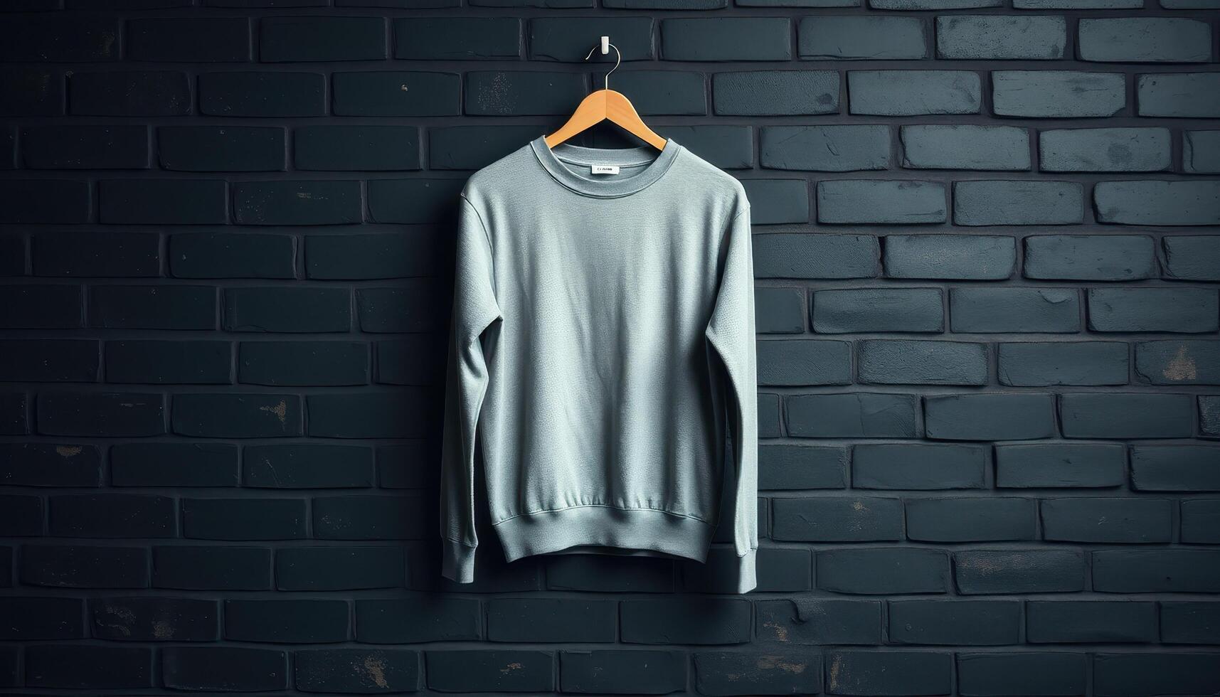 Gray Sweatshirt Hanging on Wooden Hanger Against a Dark Brick Wall photo