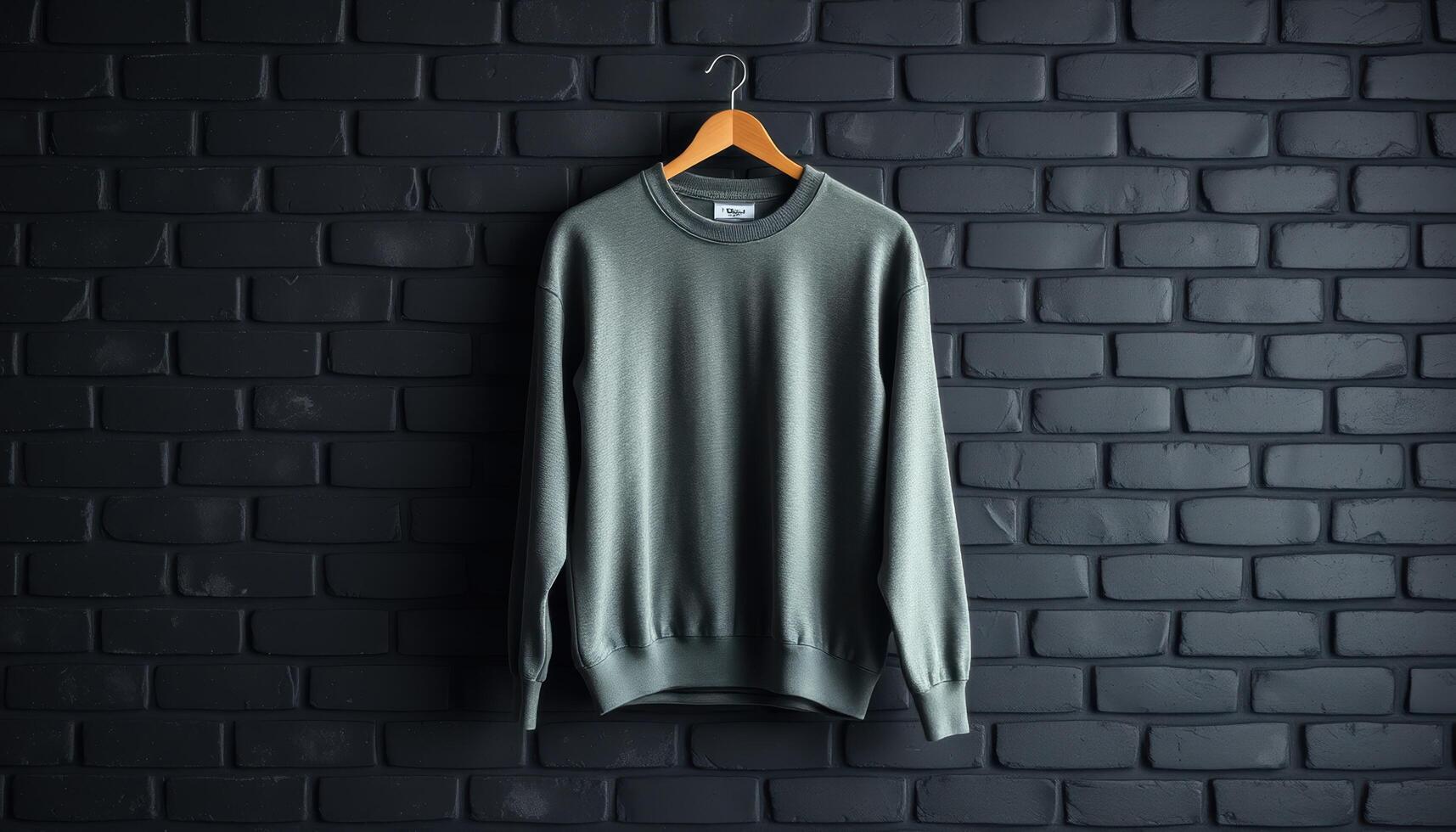 Green Sweatshirt Hanging on Hanger Against Brick Wall photo