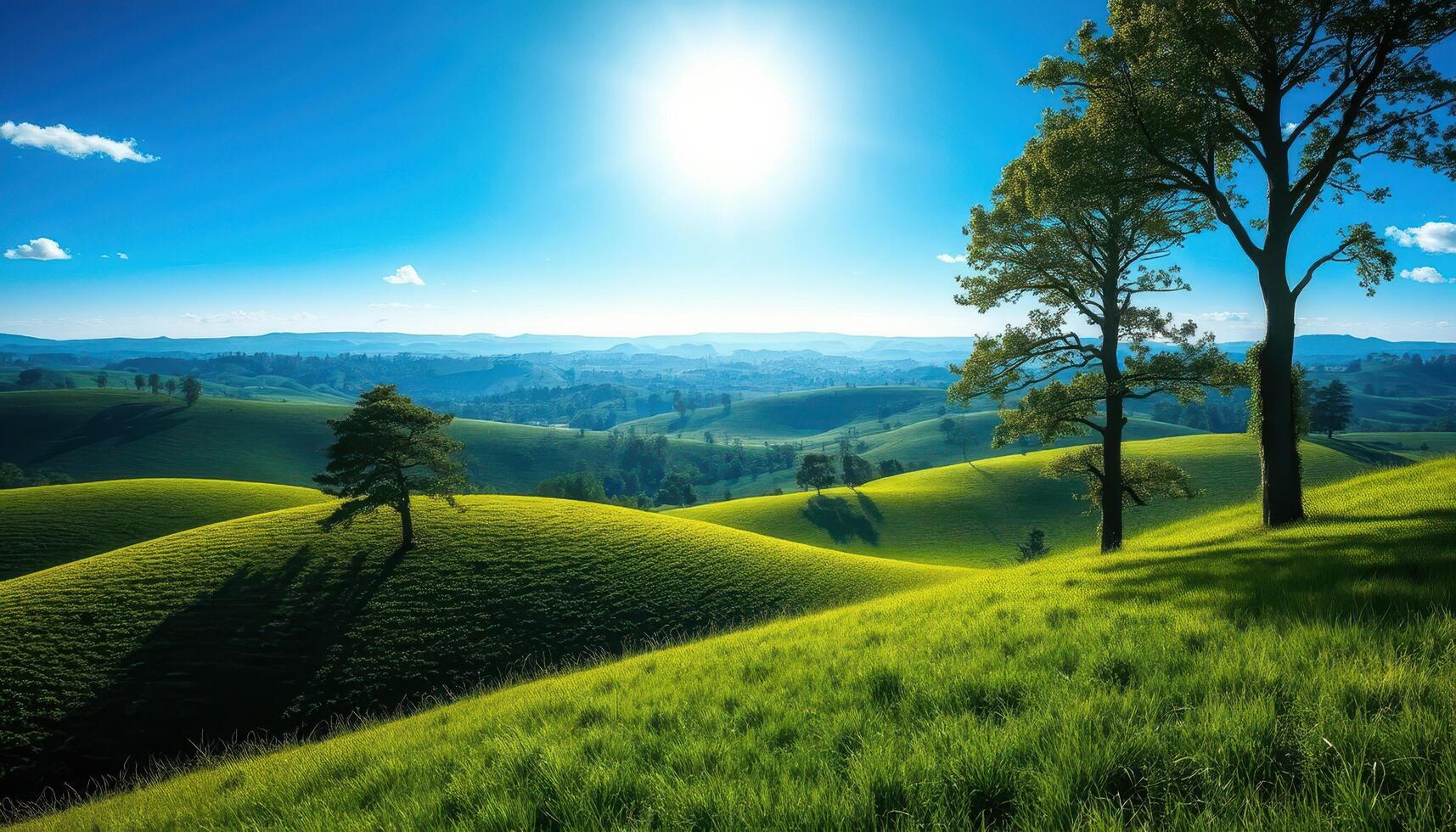 Serene Rolling Green Hills Under Bright Sunny Sky photo