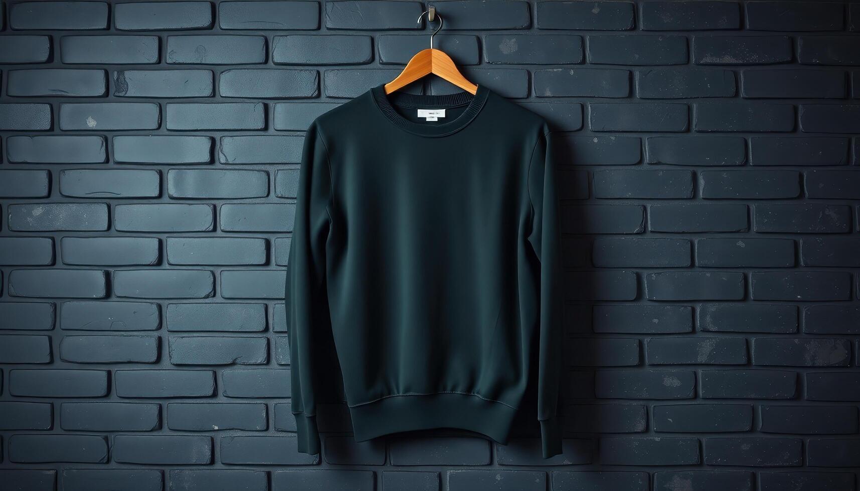Dark Green Sweatshirt Hanging on Hanger Against Brick Wall photo