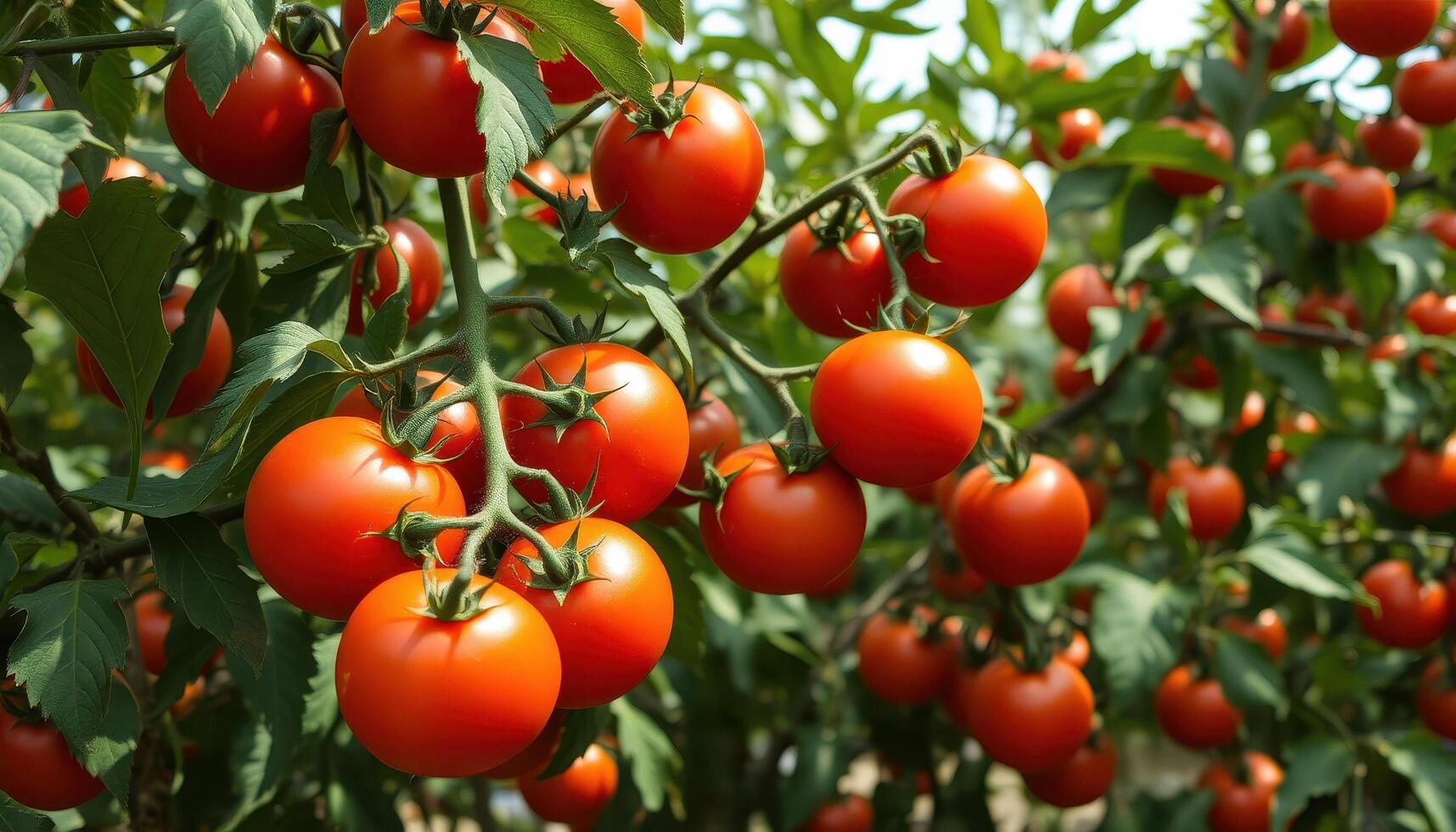 Ripe red tomatoes growing on a plant photo