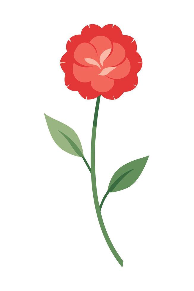 Single Red Flower Stem, Green Leaves, Botanical Illustration vector