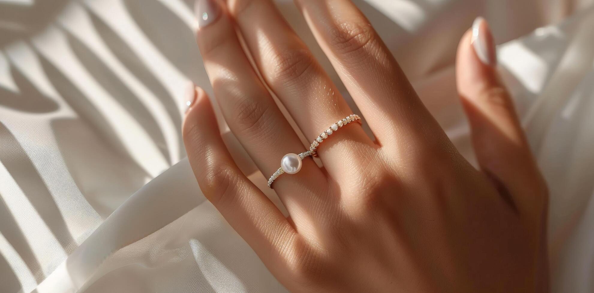 Elegant Pearl Ring on a Woman's Hand. photo