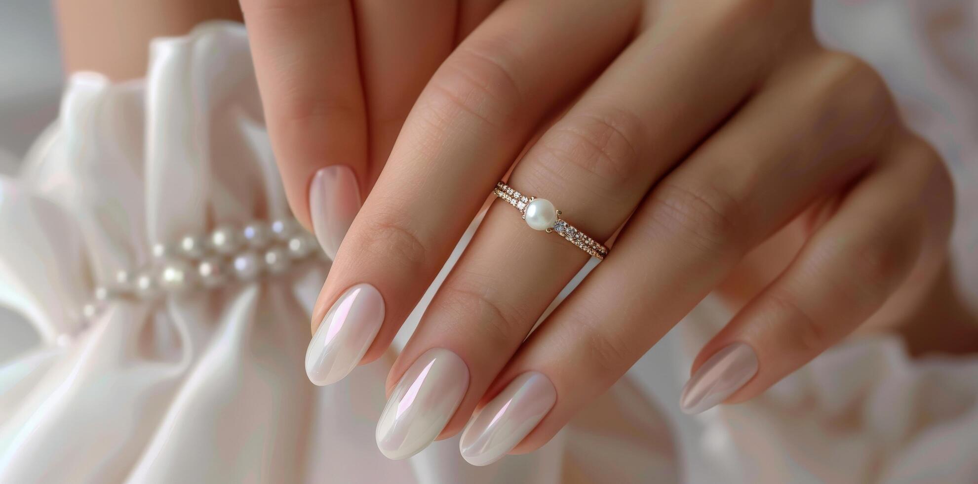 Elegant Pearl Ring on Finger with White Nail Polish. photo