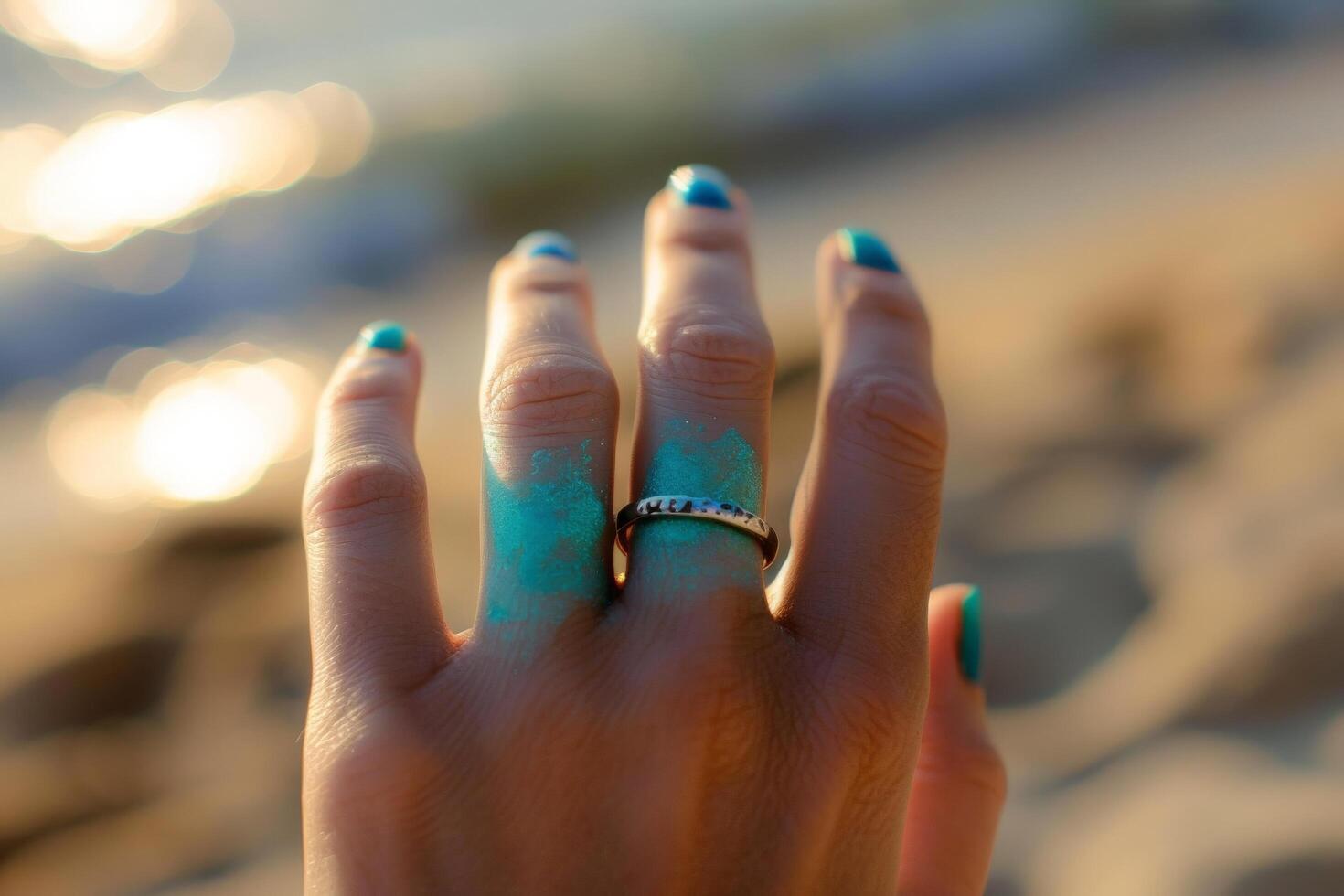 Close-up of Hand with Turquoise Nail Polish. photo