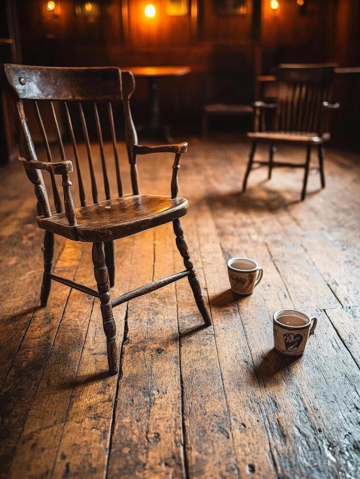 Wooden Chair in a Rustic Pub. photo