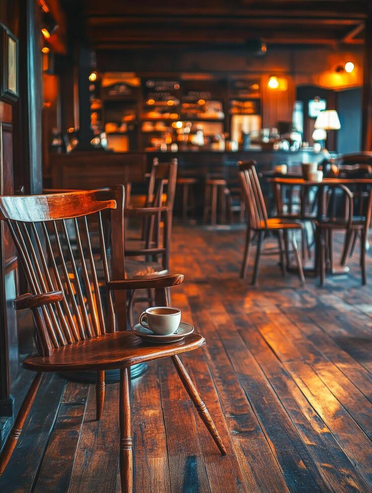 Cozy Cafe Interior with Cup of Coffee on a Wooden Chair. photo
