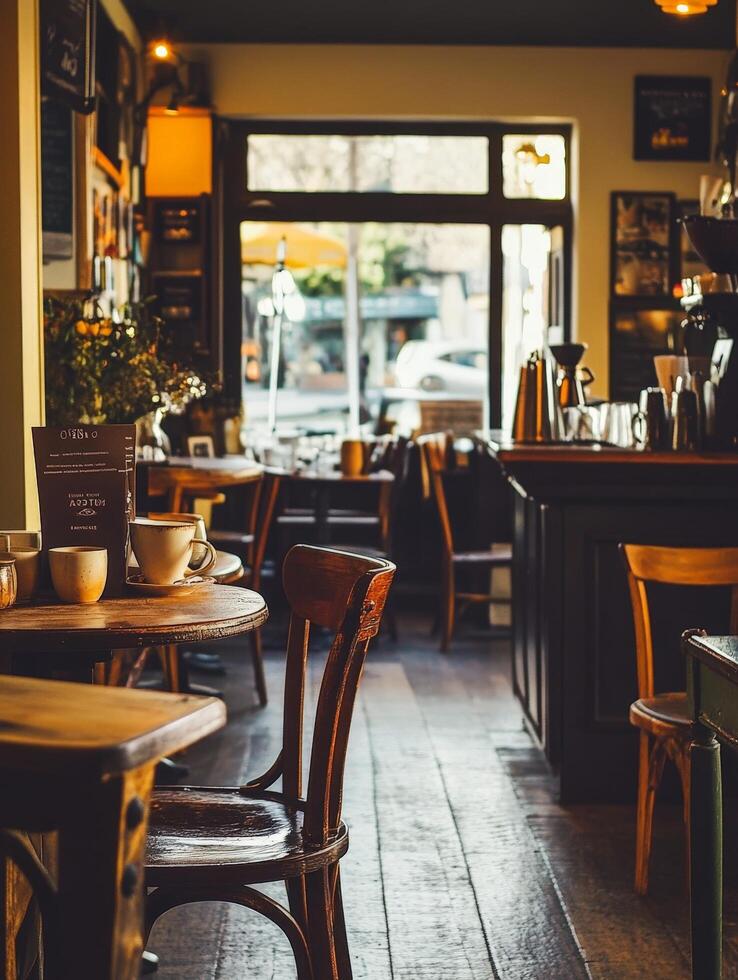 Cozy Cafe Interior with Wooden Chairs and Tables. photo