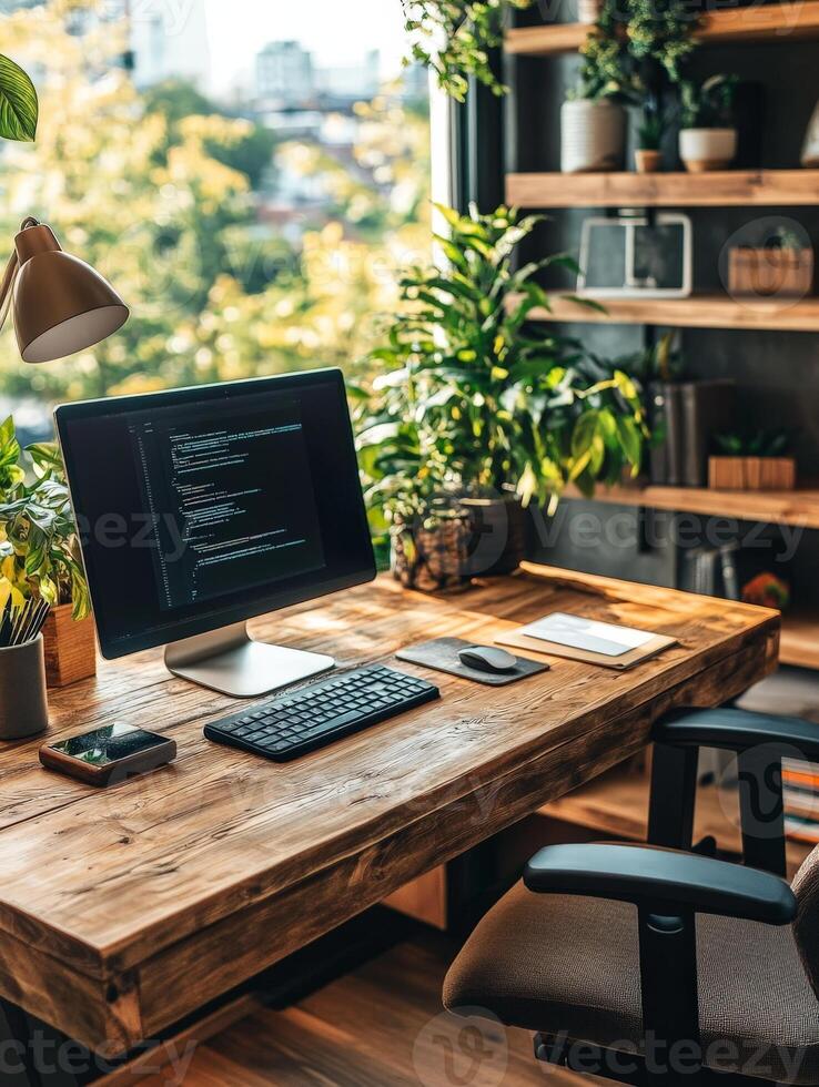 Modern Home Office Desk with Computer and Plants. photo