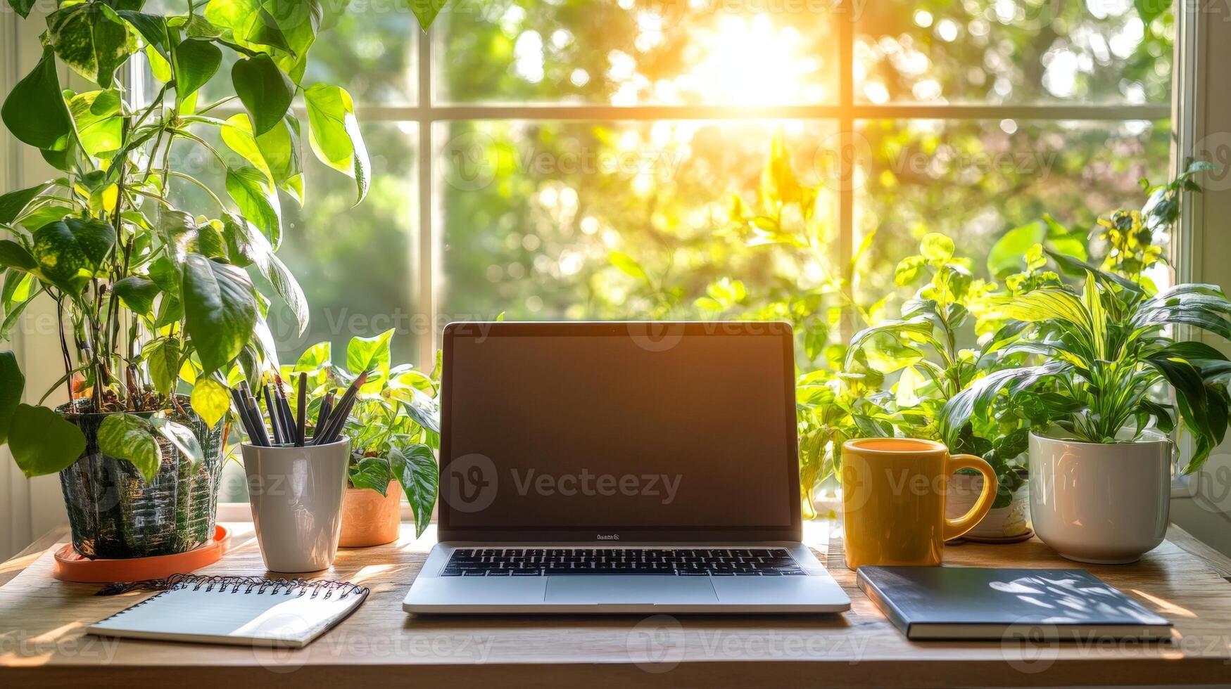 Laptop Workspace With Sunlight Streaming Through Window. photo
