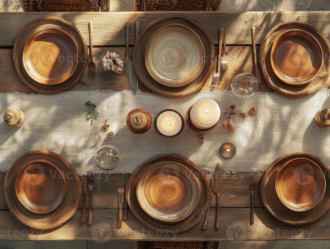 Rustic Table Setting with Wooden Plates and Candles. photo