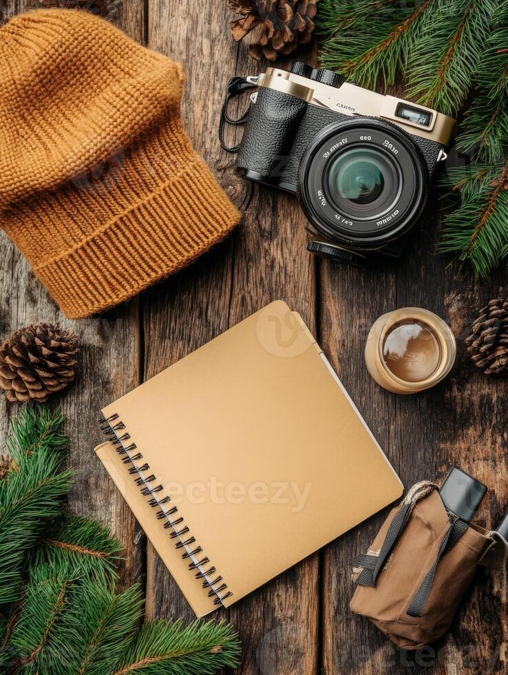 Flat Lay Photography with a Camera, Notebook and Nature Elements. photo