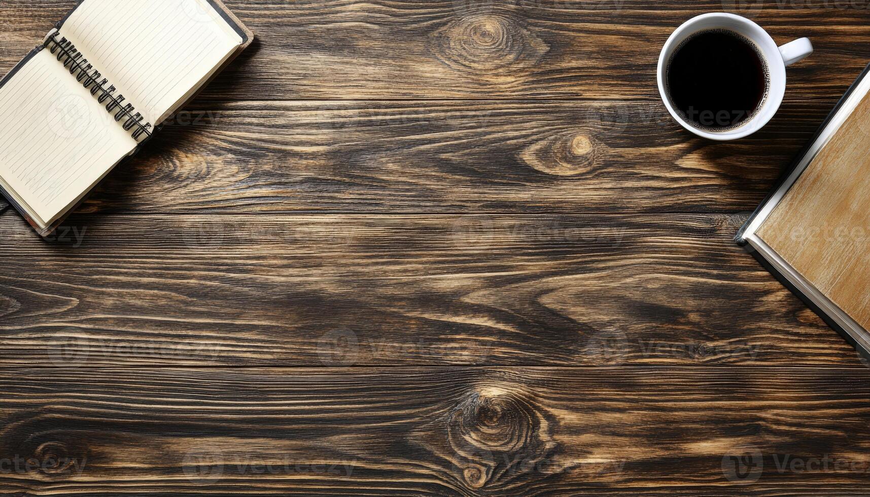 Wooden Table with Notebook, Coffee, and Book. photo