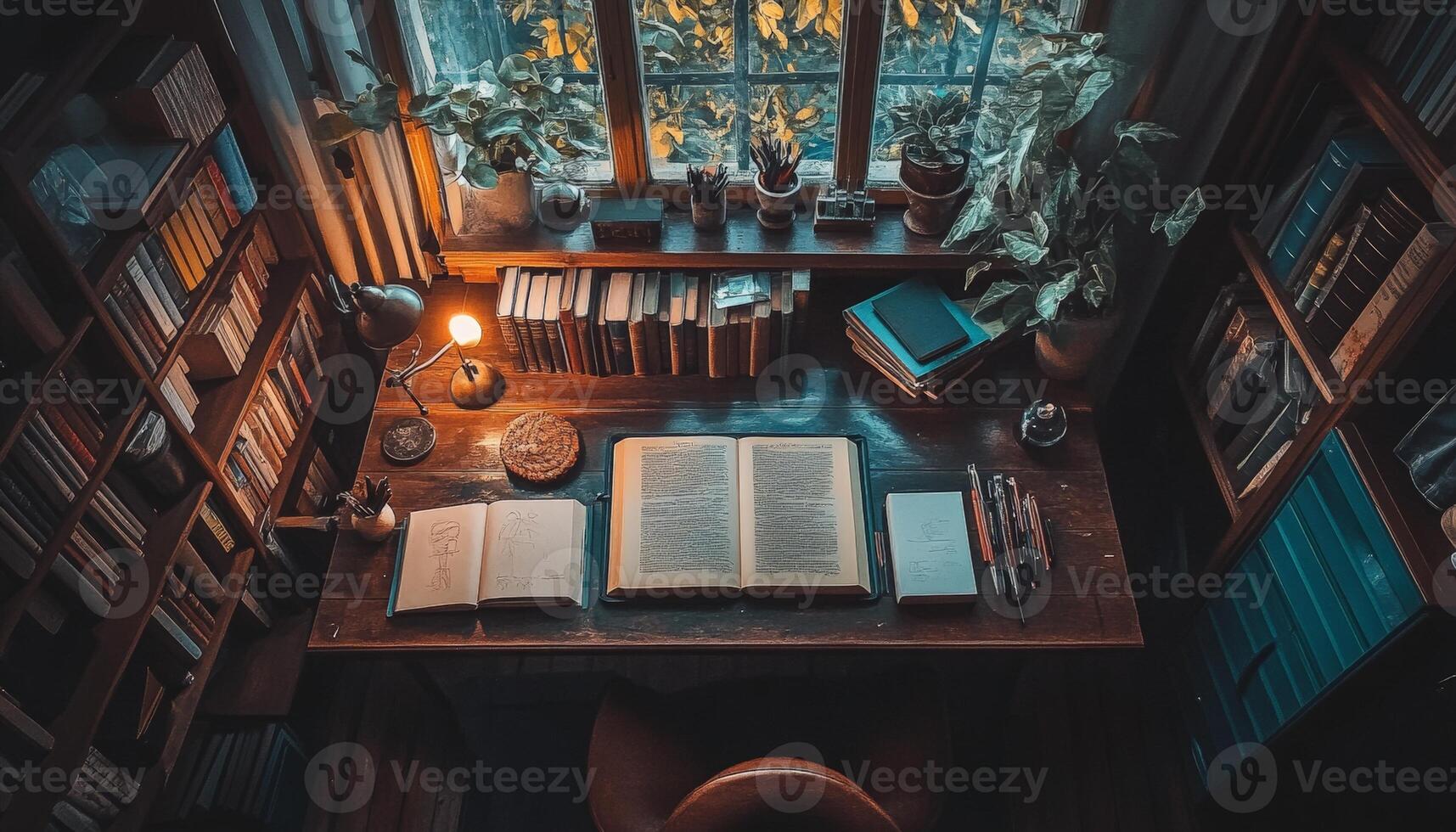 Cozy Reading Nook With Books and a Desk Lamp. photo