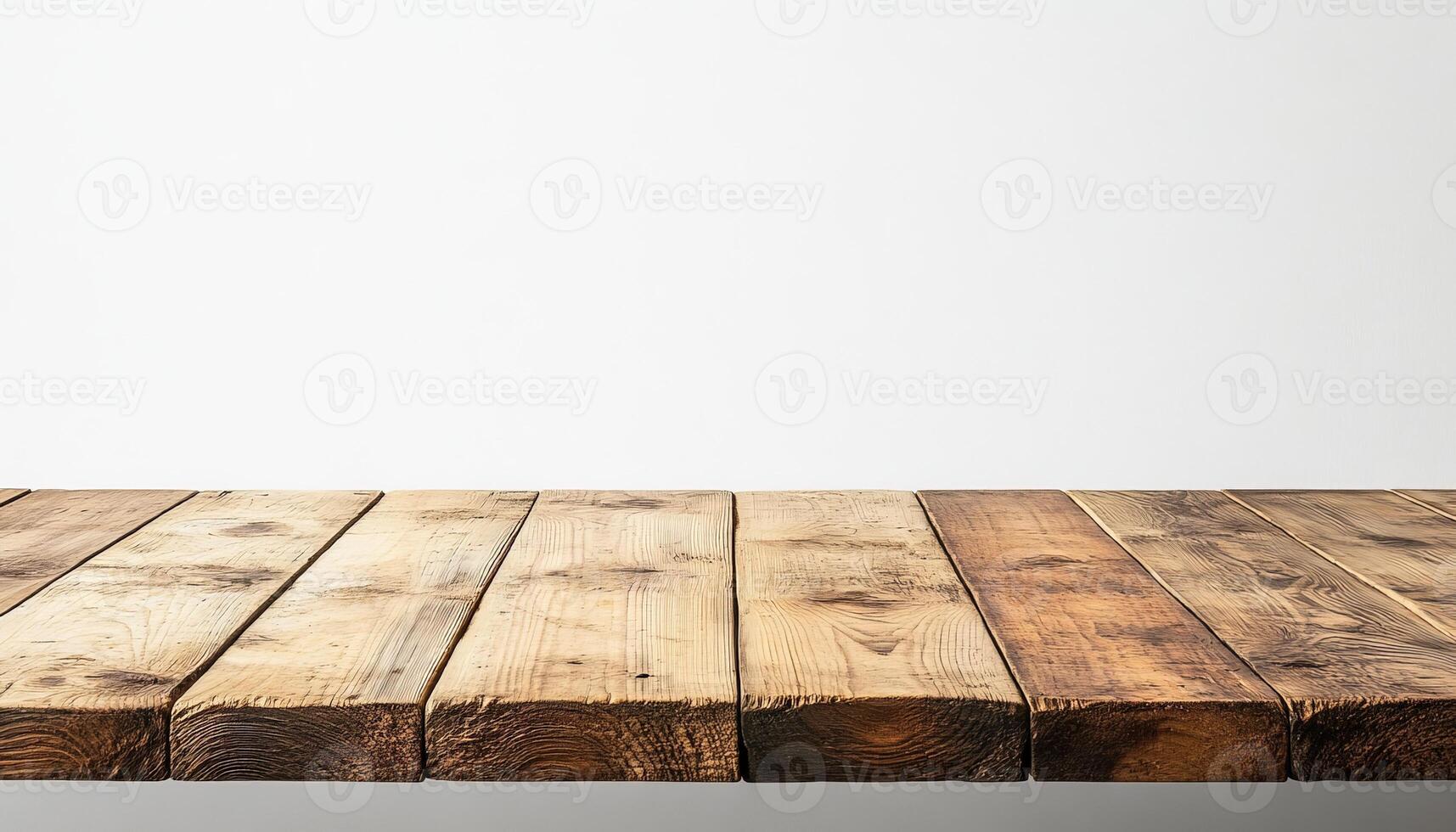 Rustic Wooden Tabletop Against White Wall. photo