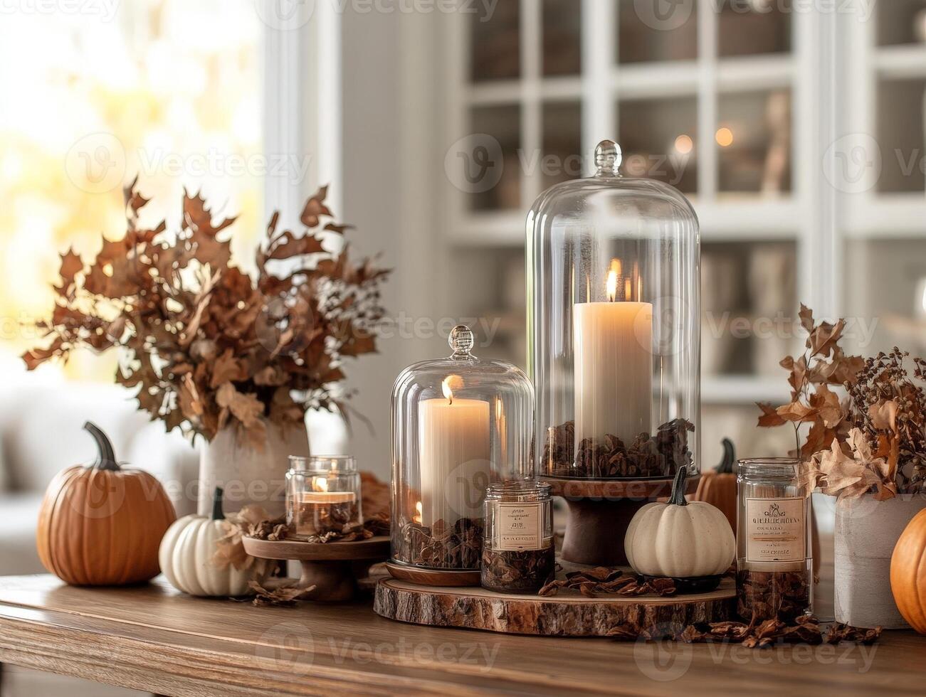 Autumnal Table Decor with Candles and Pumpkins. photo