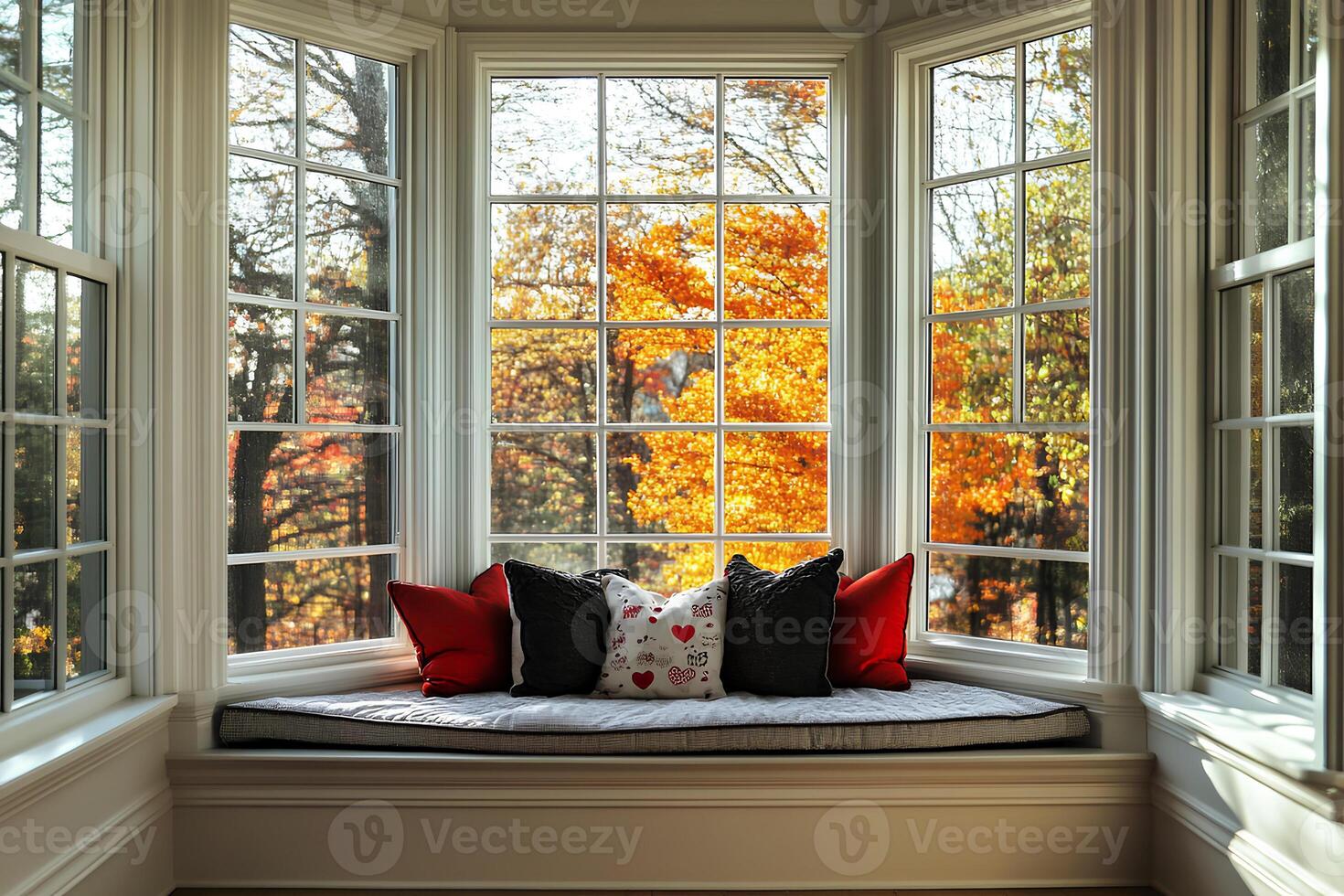 A cozy interior of a room with a window offering a view of the autumnal forest. A warm autumn atmosphere, perfect for themes of home comfort and nature. photo