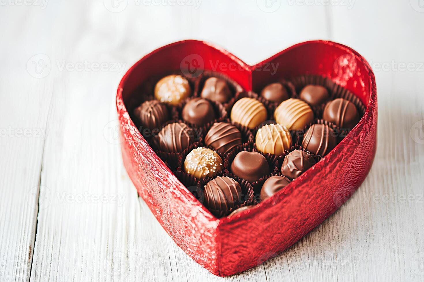 Box of chocolates in the shape of a heart on a white wooden background photo