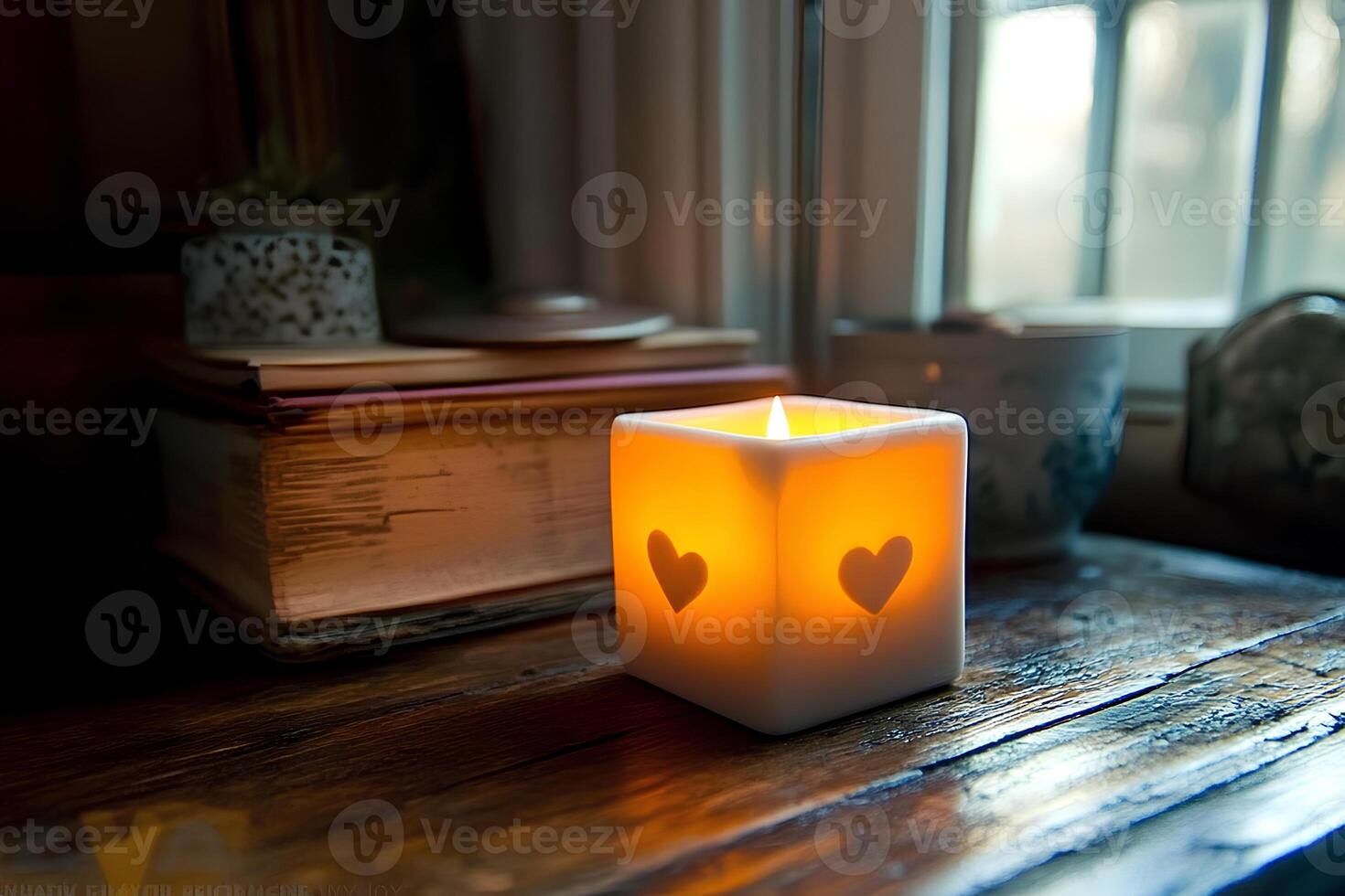 A cozy interior with a heart-shaped candle and a stack of books placed on a wooden table. Perfect for themes of romance, warmth, and home decor. photo