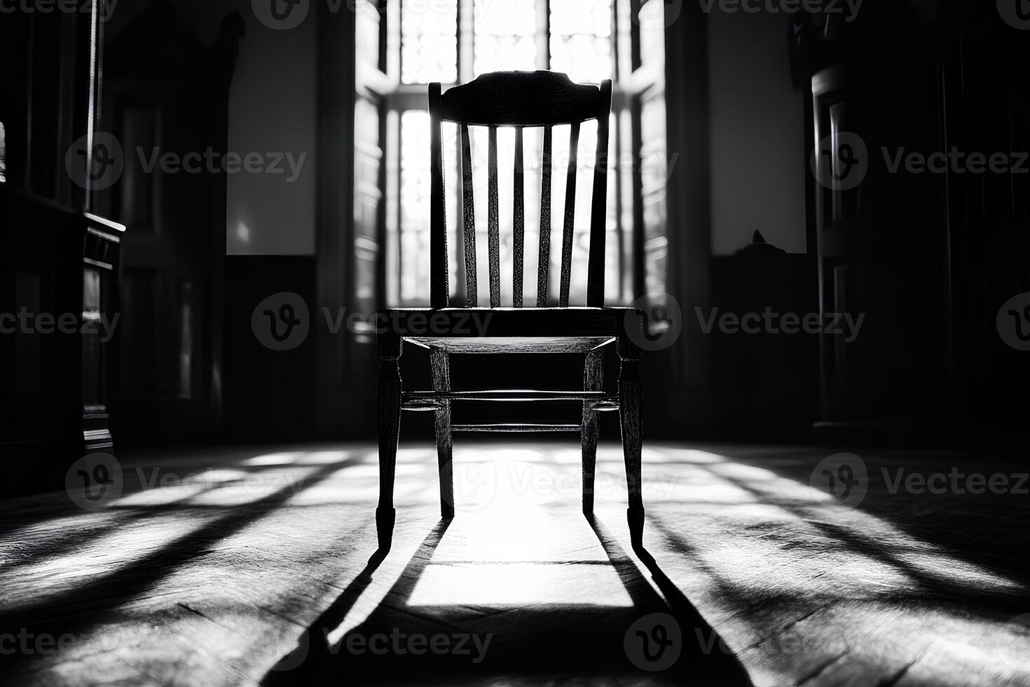 A solitary wooden chair stands in the center of a dimly lit room, warm sunlight filters through large windows, creating intricate shadow patterns on the floor. photo
