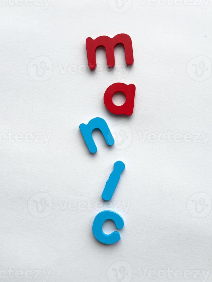 Colorful alphabet magnets forming the word manic on white background photo