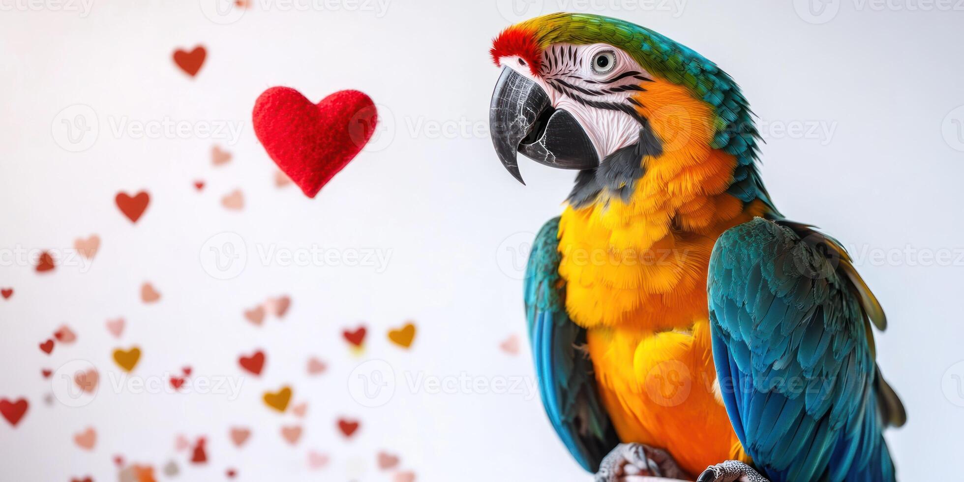 Vibrant macaw with heart motif for Valentines day design photo