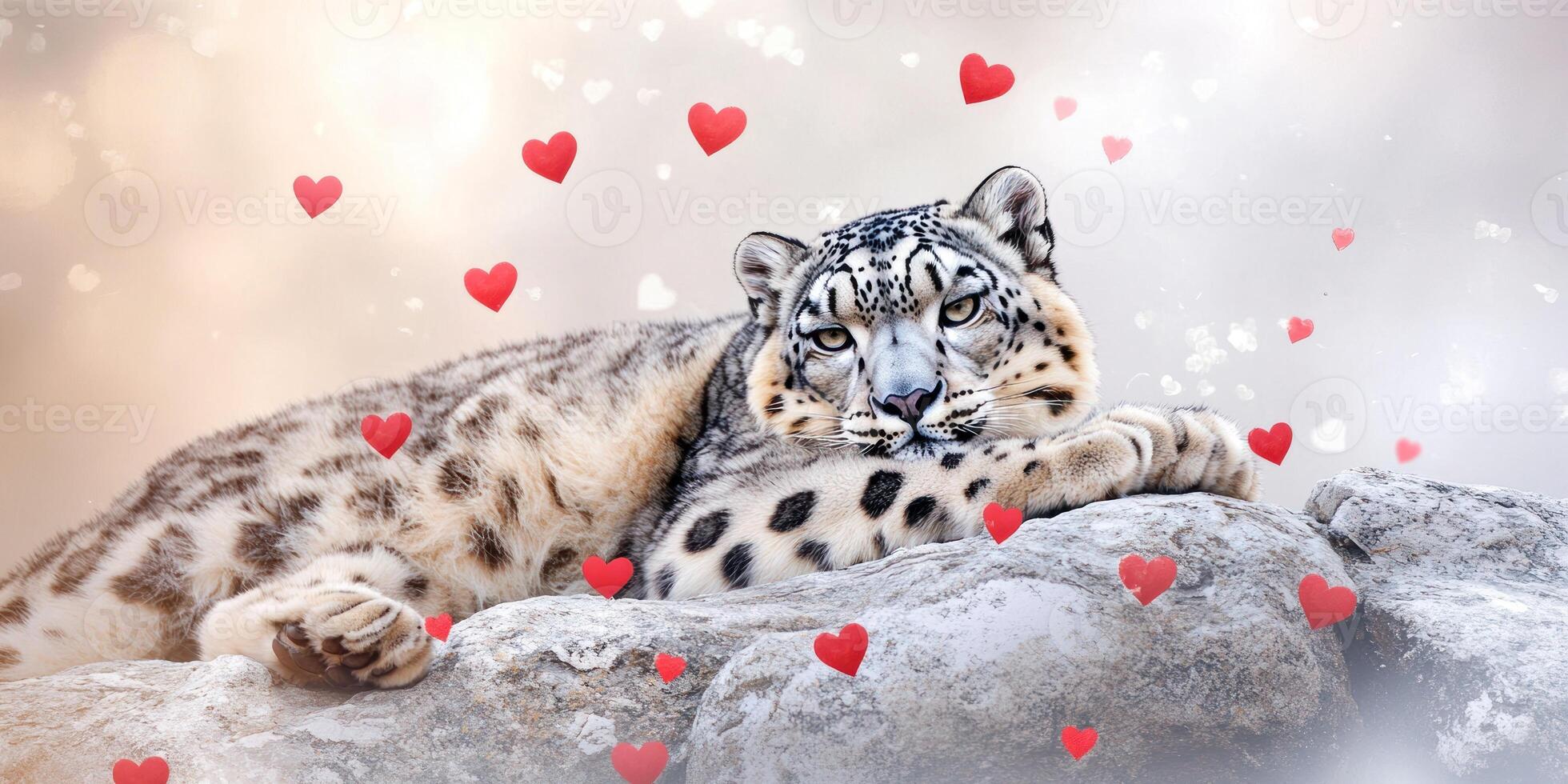 Majestic snow leopard resting on rocks surrounded by heart graphics for wildlife conservation design photo