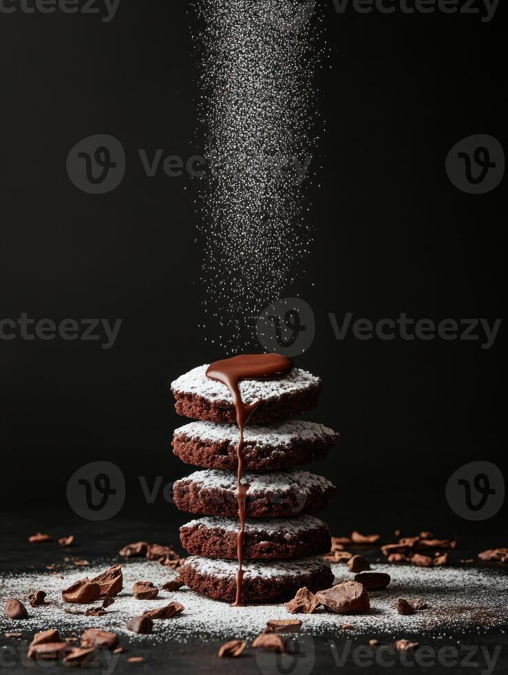 Decadent stack of brownies dusted with powdered sugar and cocoa on dark background photo