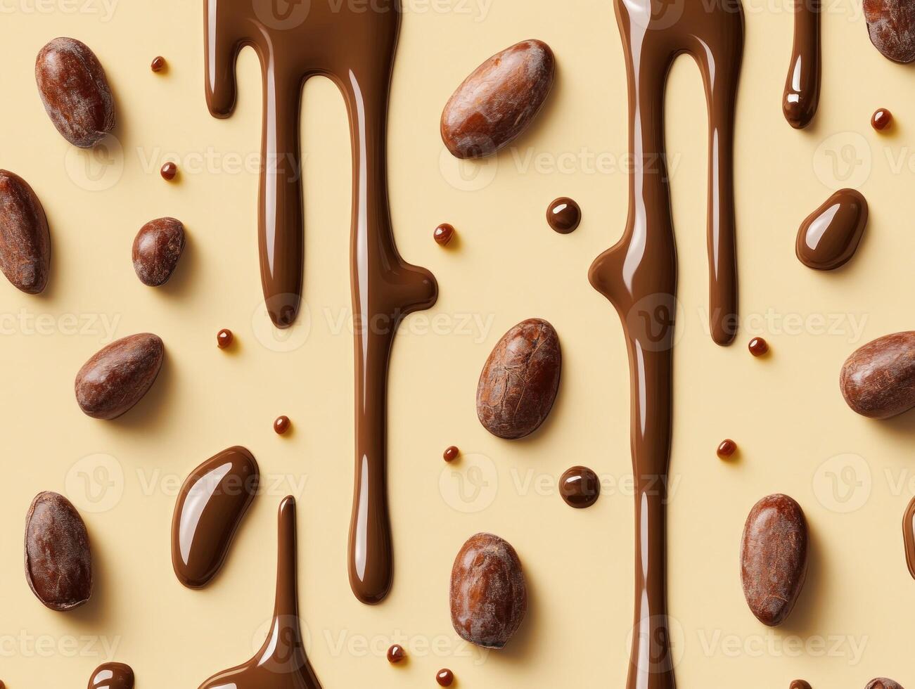 Luxurious chocolate pattern with dripping melted chocolate and cocoa beans for confectionery design photo