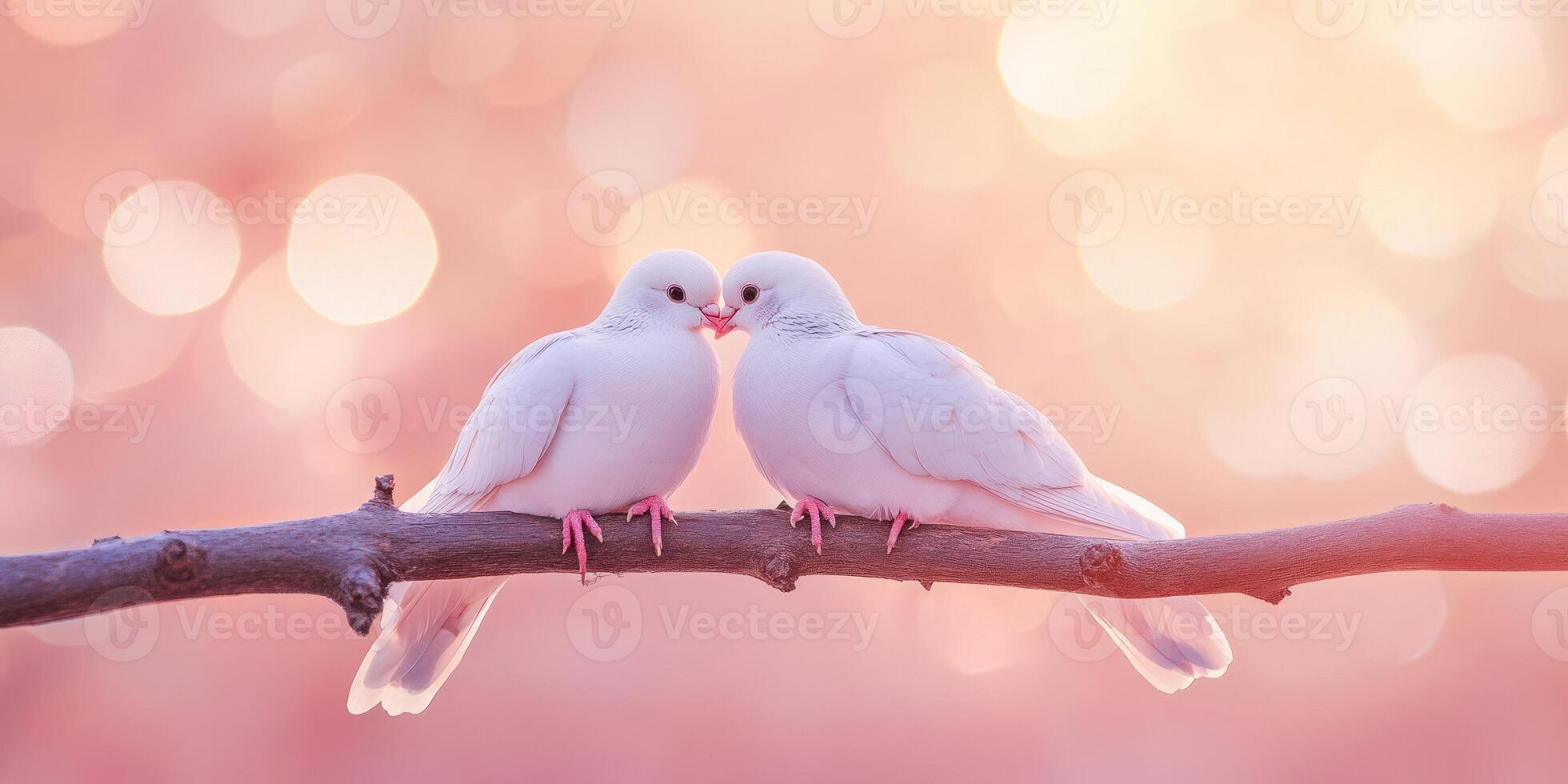 Romantic Valentines scene with two doves on branch and soft pink background photo