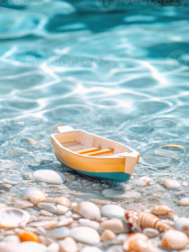 Serene scene of a toy boat floating in clear pool water with seashells photo