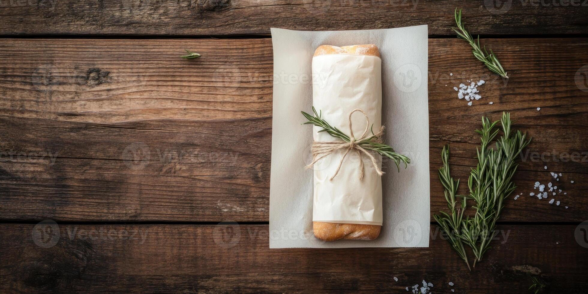Rustic minimalist flat lay with fresh baguette wrapped in paper for culinary inspiration photo