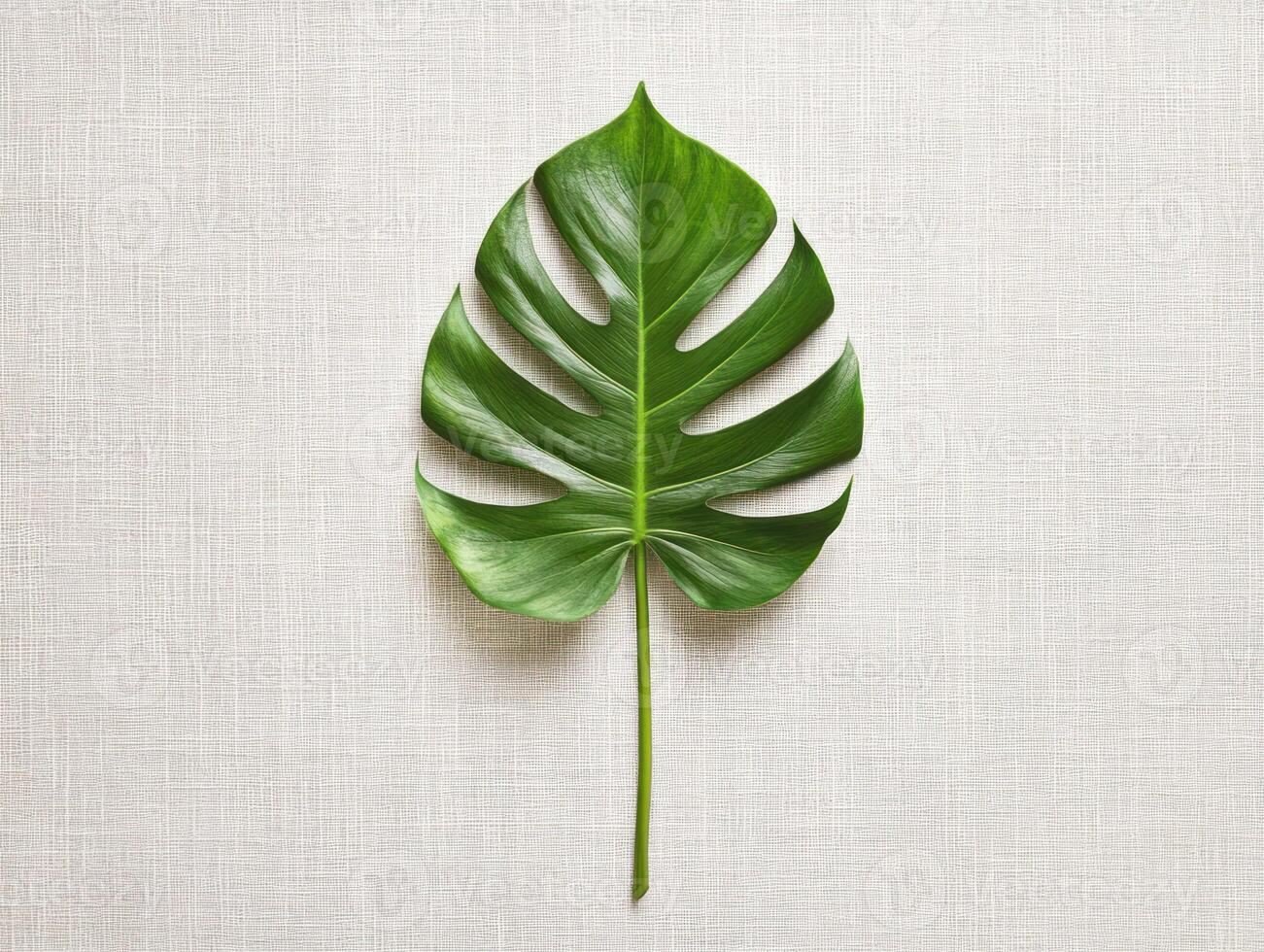 Minimalistic flat lay featuring a single green monstera leaf for interior design and decoration photo