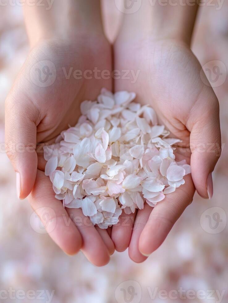 Delicate hands holding white petals for nature and beauty concepts photo