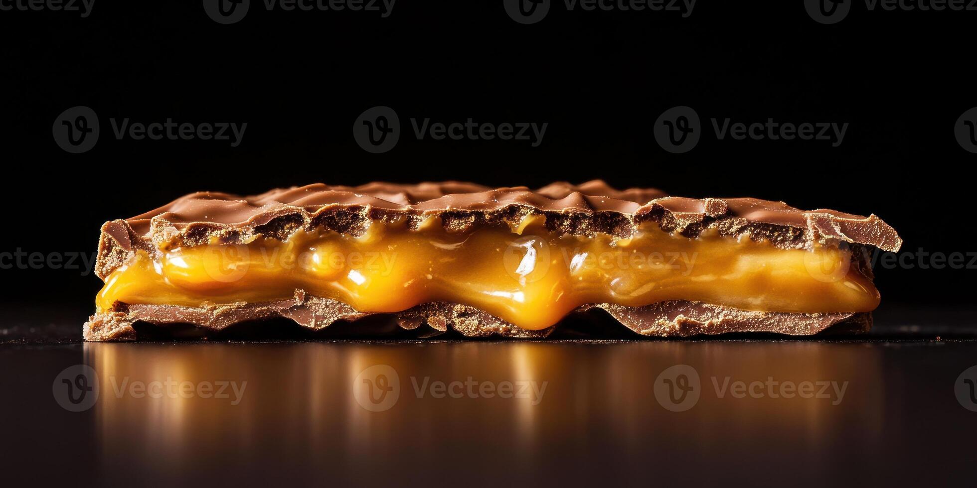Close up of caramel filled chocolate wafer with textured layers photo