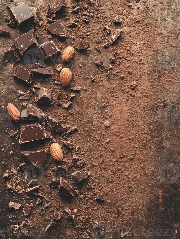 Indulgent broken chocolate bar with nuts on cocoa dusted surface photo