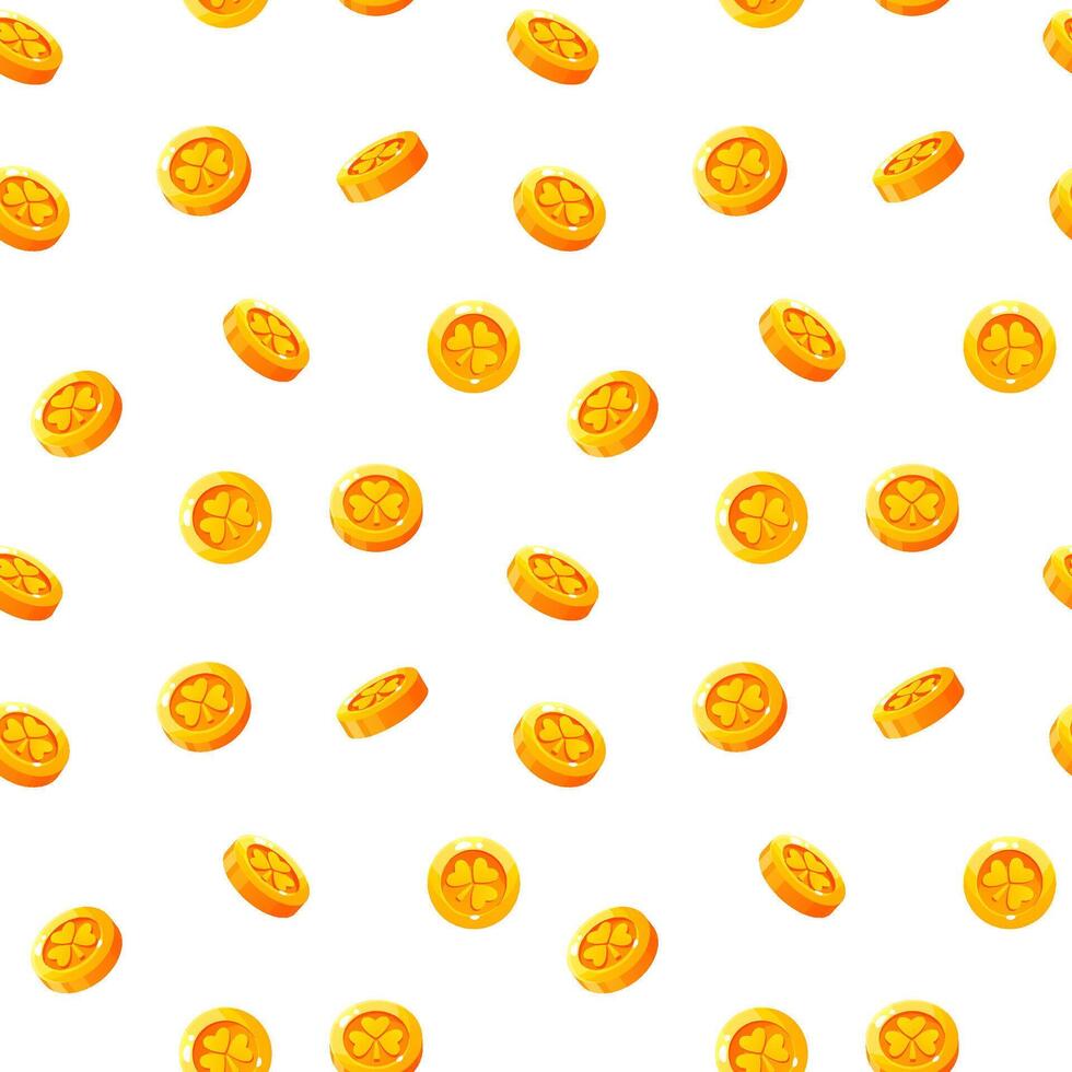 Seamless pattern of gold coins with the image of a shamrock, clover. A repeating pattern depicting gold coins in honor of St. Patrick's Day. vector
