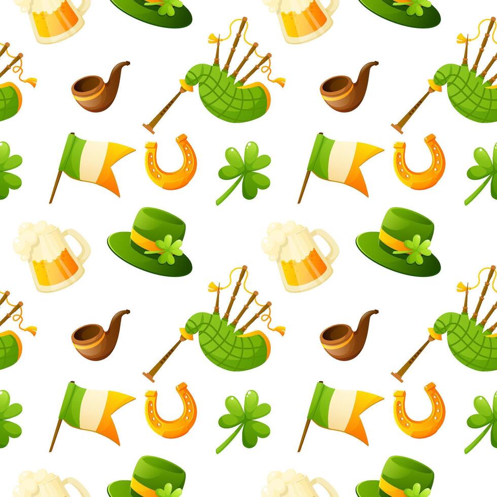 Seamless pattern for St. Patrick's Day, repeating background on white with shamrock, top hat, horseshoe, beer glass, Irish flag, tobacco pipe, bagpipes. Attributes and symbols of the holiday. vector