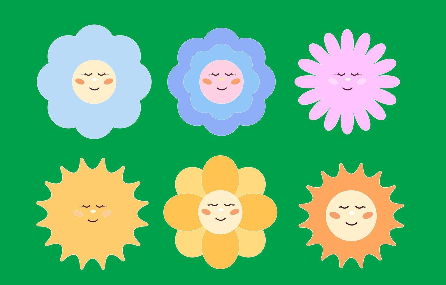 Flower and Sun Smiling Face Kawaii Character Cartoon Element Icon Collection vector