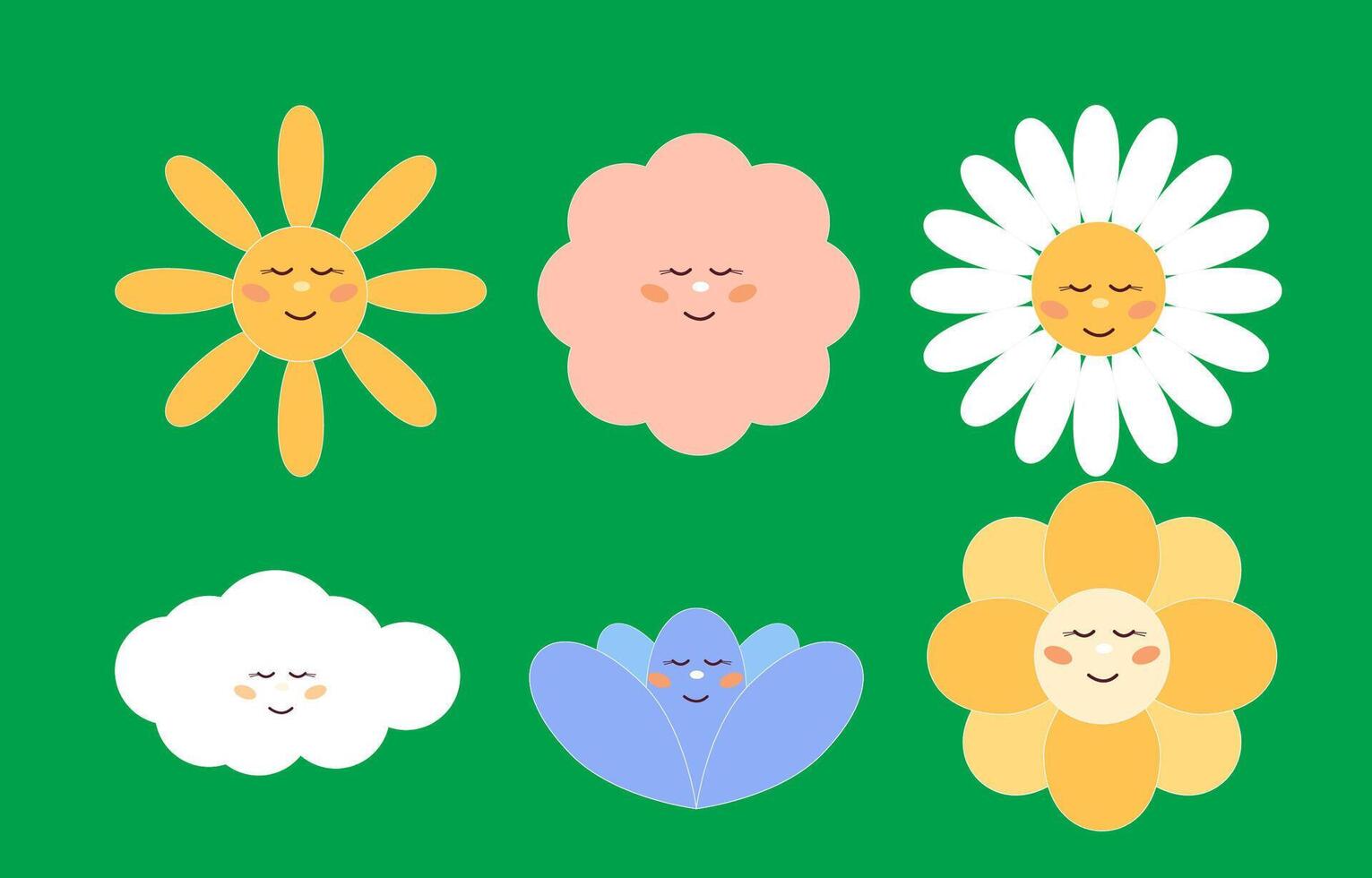 Funny Cute Flower and Sun Smiling Face Kawaii Character Cartoon Element Icon Collection vector