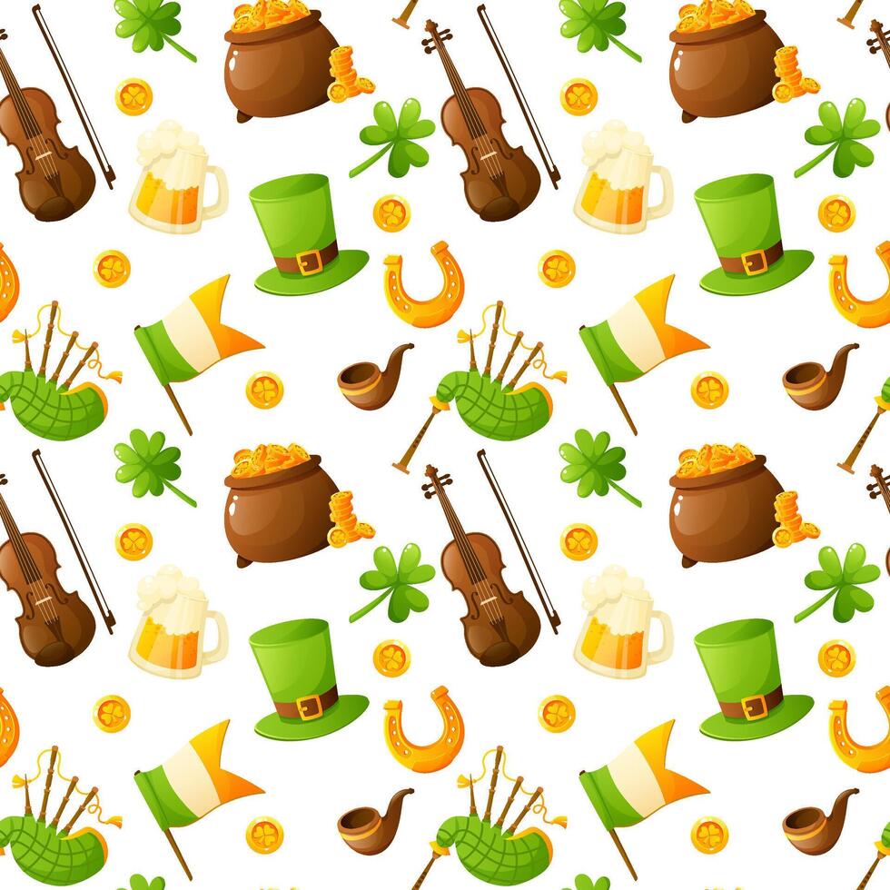 Seamless pattern for St. Patrick's Day, repeating background on white with shamrock, violin, top hat, horseshoe, gold coin, kettle with coins, tobacco pipe, bagpipes. Holiday attributes. vector