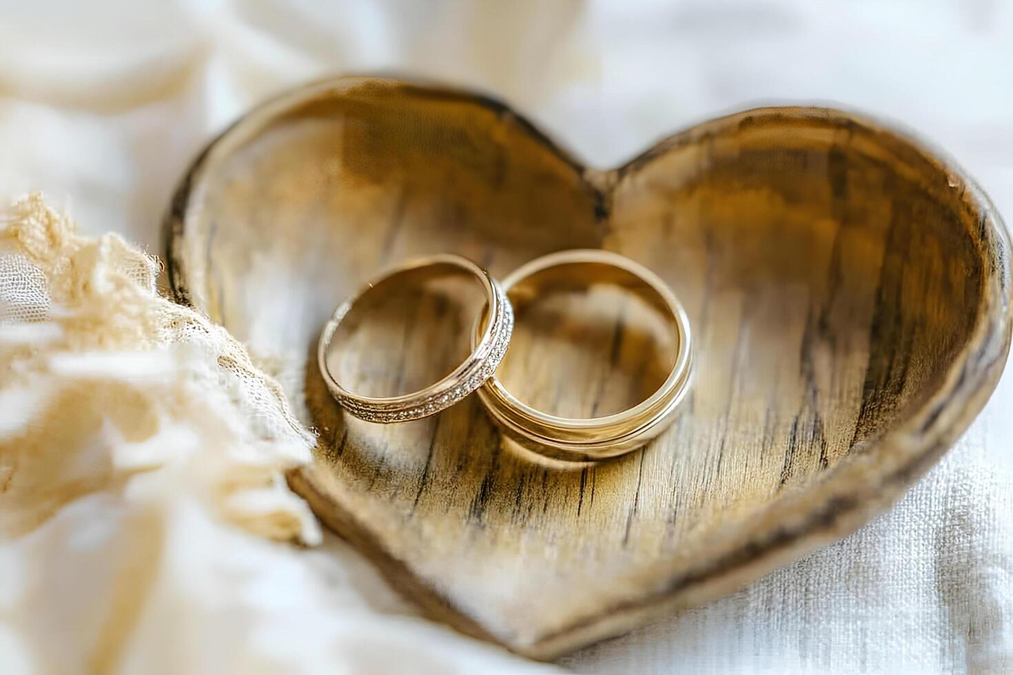Two beautiful gold wedding rings sit side by side in a heart-shaped wooden dish. Soft fabric surrounds the dish, creating a romantic and intimate setting. photo