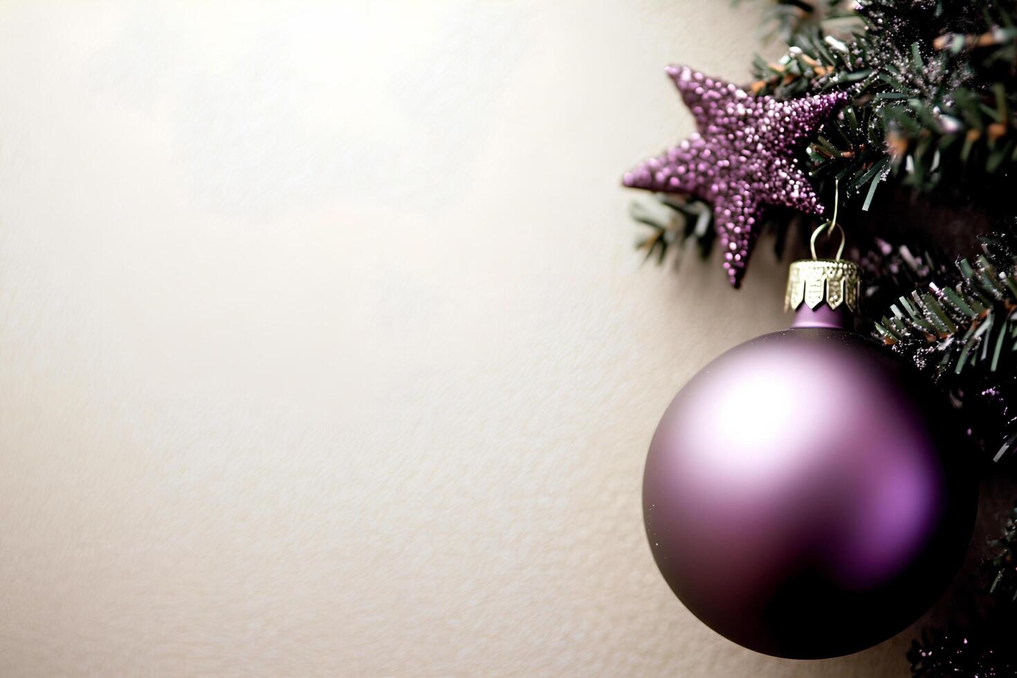 A purple ornament and a glittering star are beautifully hanging from a green Christmas tree branch, creating a festive atmosphere in a cozy room. photo