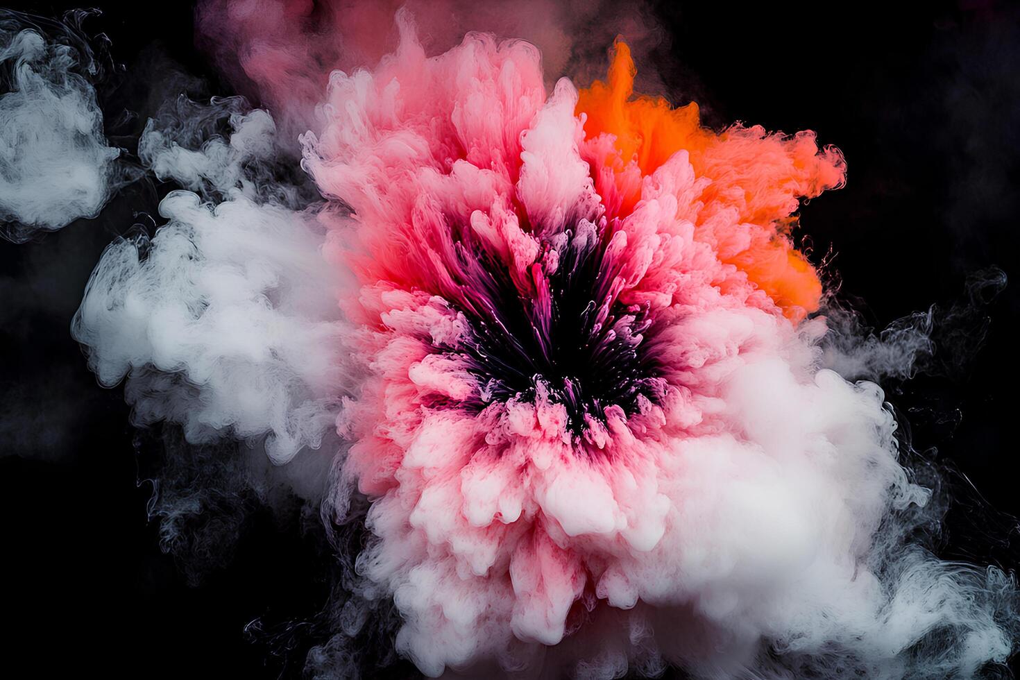 A dynamic display of colorful smoke erupts in various shades of pink, orange, and white, creating a striking visual effect against a dark background, evoking a sense of movement and energy. photo
