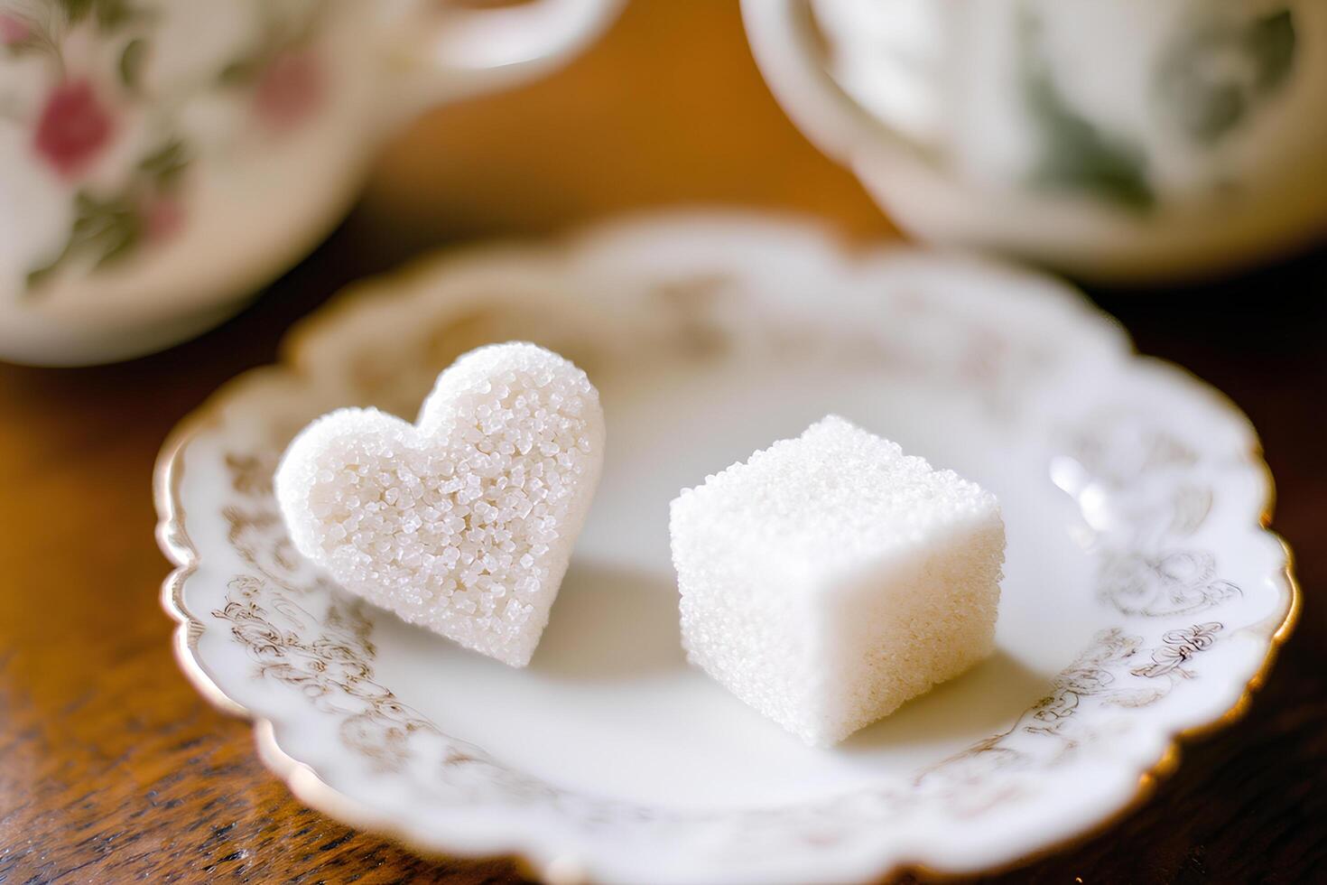Sugar cubes neatly arranged in a heart shape on a white saucer. Perfect for themes of culinary art, romance, and morning coffee. photo